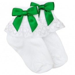 Girls White Lace Socks with Emerald Green Satin Bows